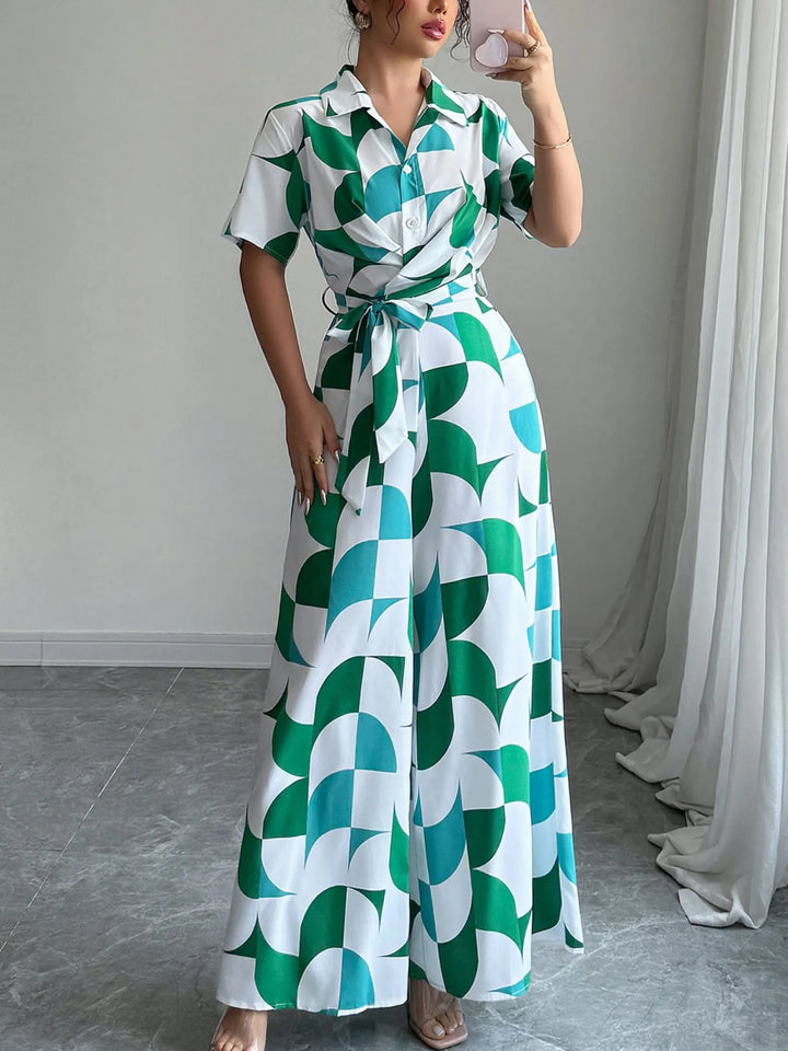 Turquoise Printed Wide Leg Belted Jumpsuit