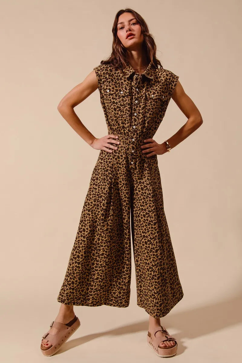Leopard So Me Wide Leg Leopard Twill Overalls Jumpsuit With Tuck