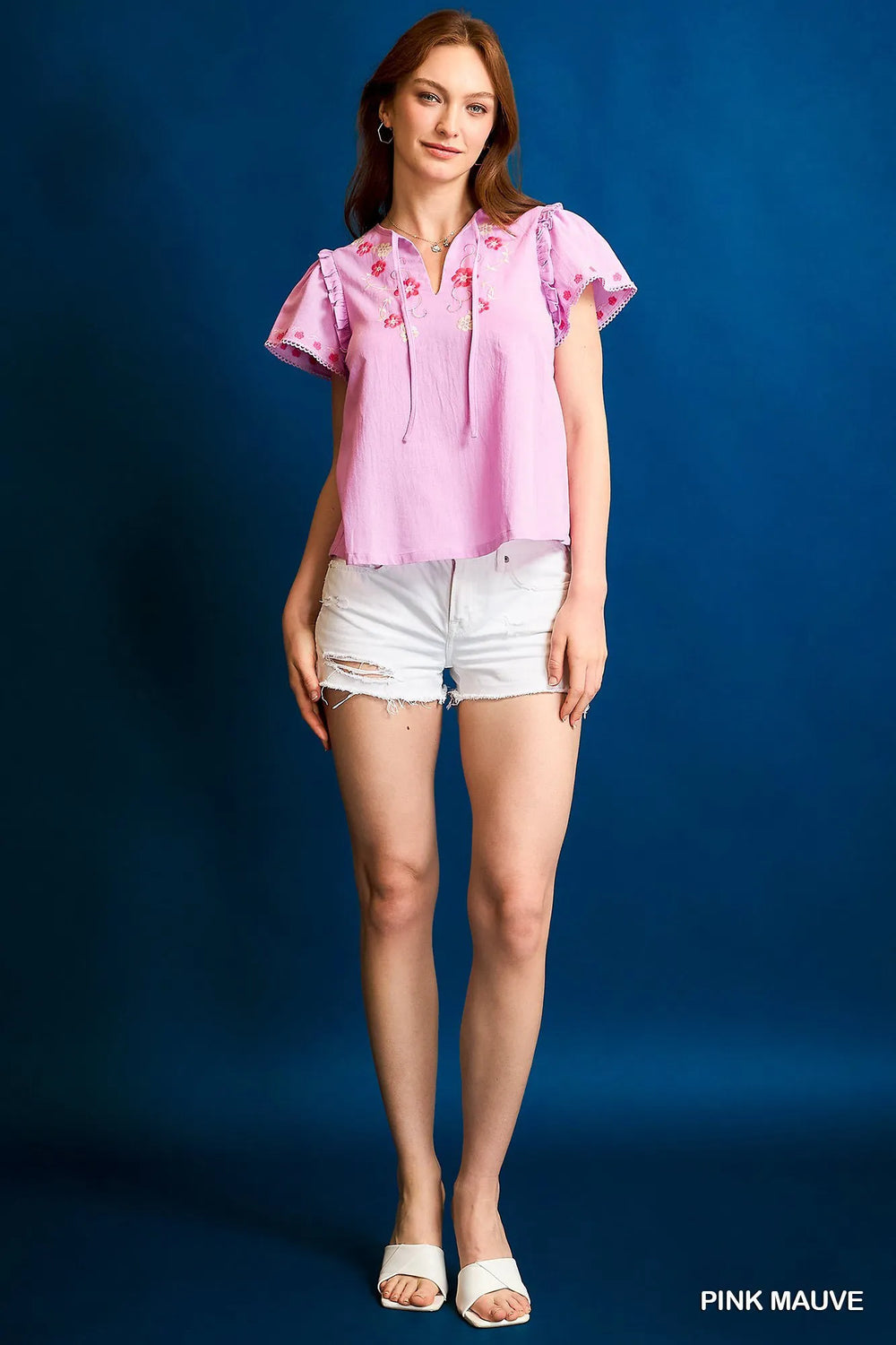 Pink Mauve Umgee Floral Embroidered Tie Neck Short Sleeve Blouse