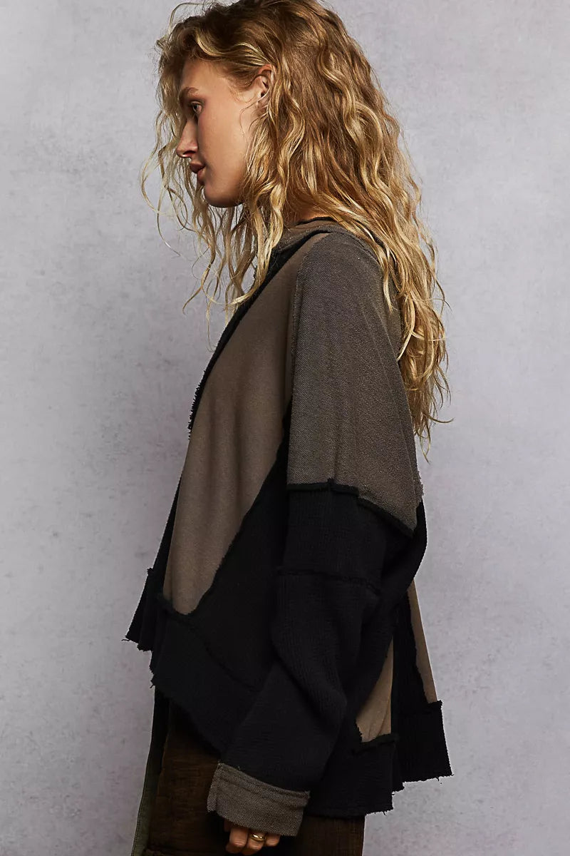 Black Multi Pol Color Block Waffle Knit Raw Hem Sweatshirt