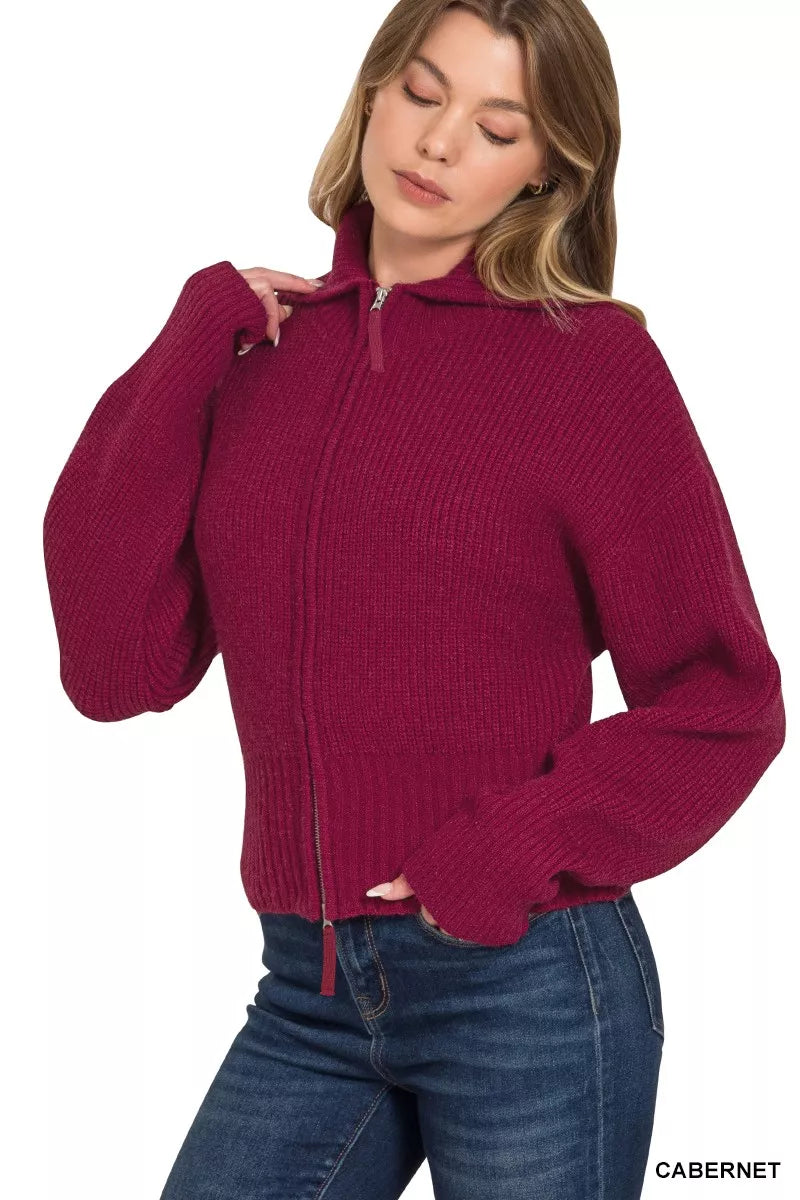 Cabernet Zenana Ribbed Collared Zip Up Sweater Cardigan 6