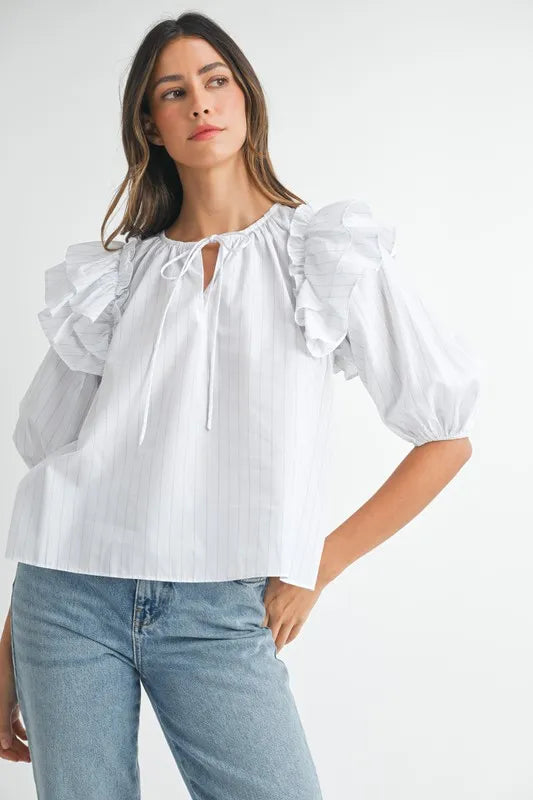 Off White Mable Stripe Ruffle Shoulder Puff Sleeve Blouse