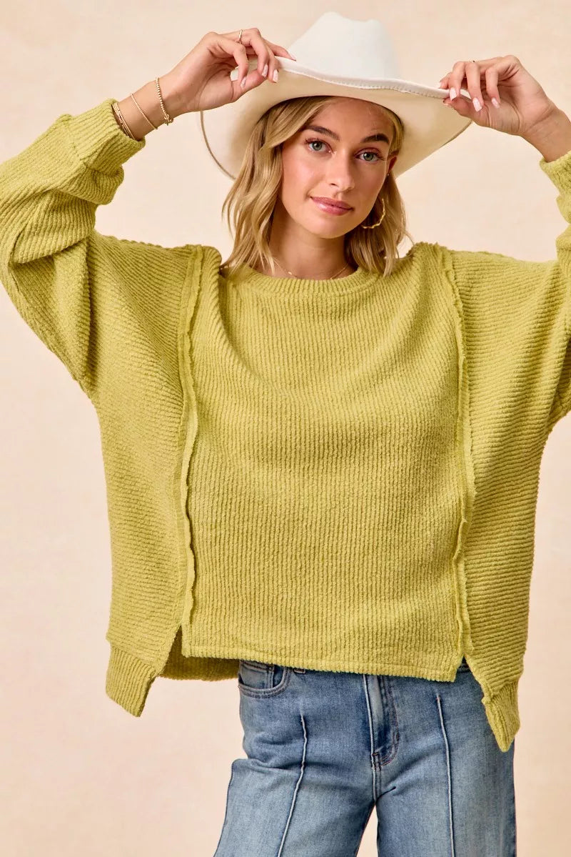 Lime Bibi Boucle Rib Knit Uneven Hem Sweater With Open Seam