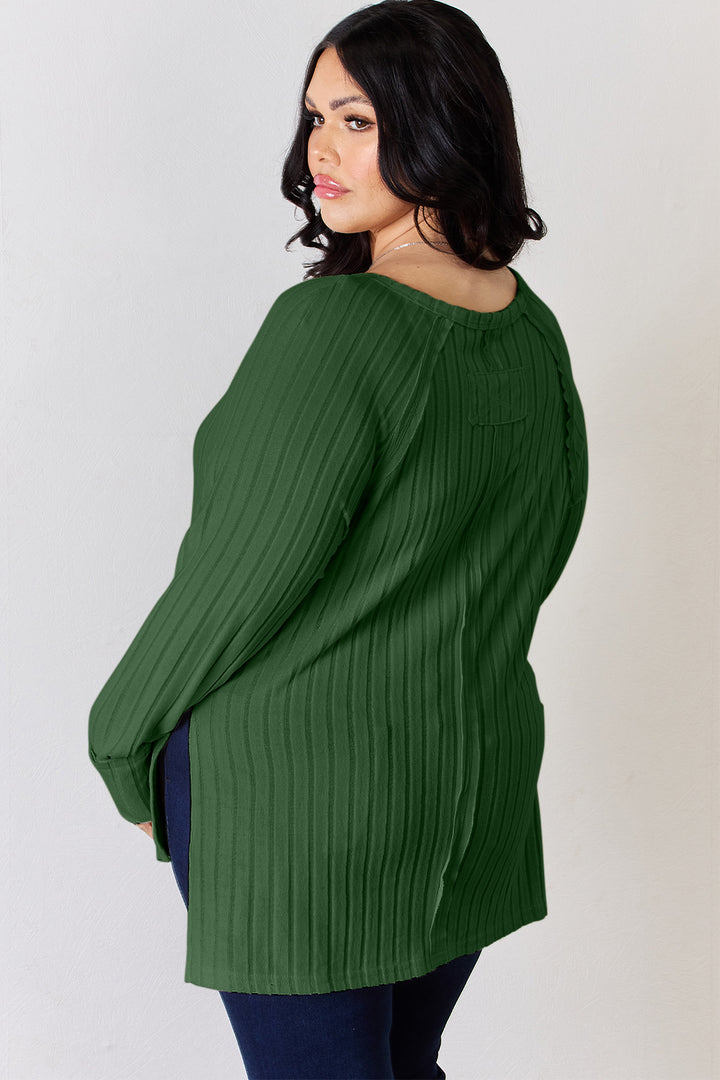 Light Yellow Basic Bae Full Size Ribbed Round Neck Slit T Shirt