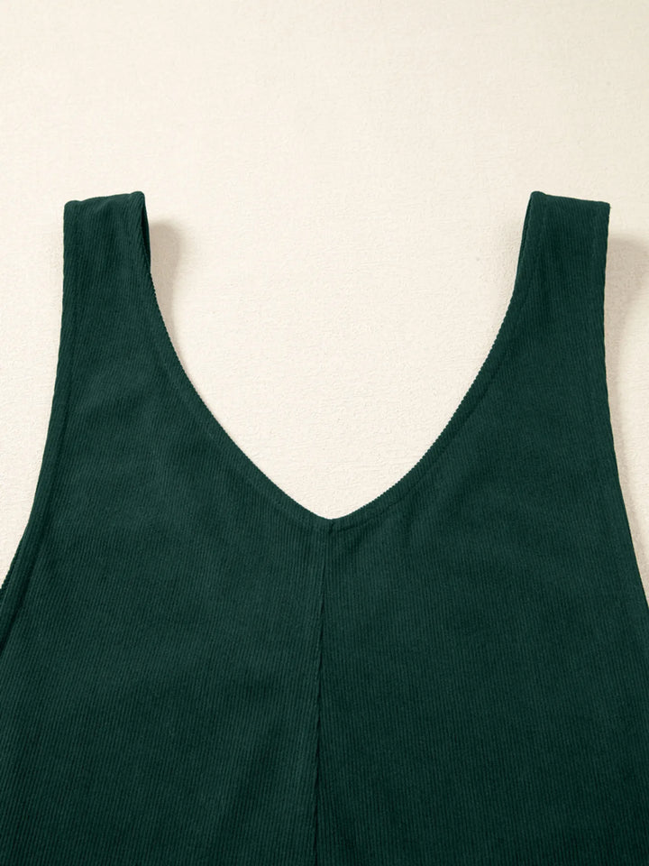 Dark Green Corduroy V Neck Patched Pocket Sleeveless Jumpsuit