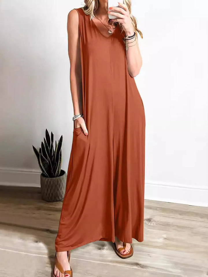 Brown Sleeveless V Neck Jumpsuit With Pockets