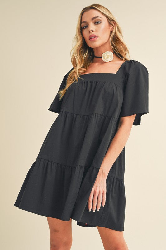 Black Aemi Co Square Neck Half Sleeve Tiered Dress