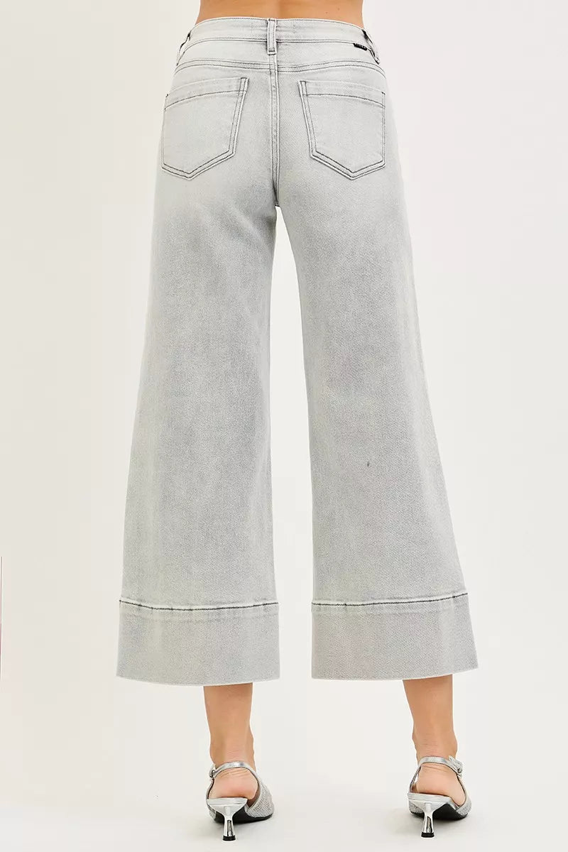 Light Grey Risen Tummy Control Mid Rise Crop Wide Pintuck Front Jeans