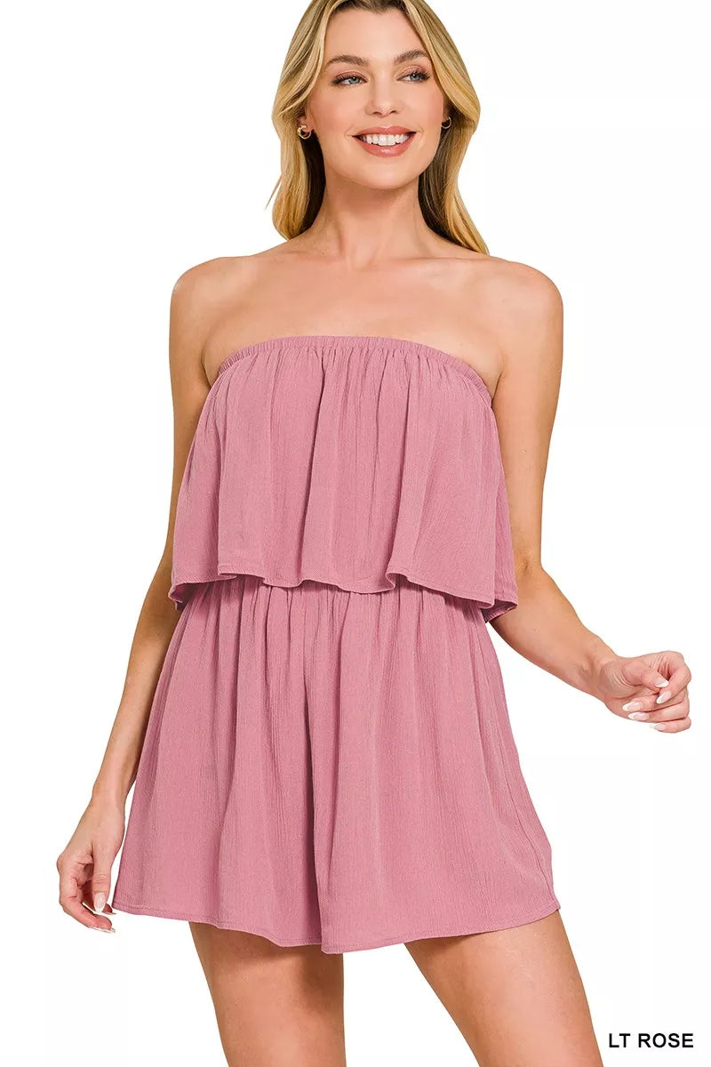 Lt Rose Zenana Woven Crinkle Strapless Rompers