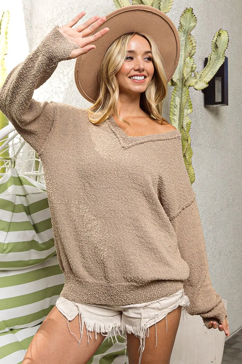 Bibi Raw Edged Popcorn Texture V Neck Sweater