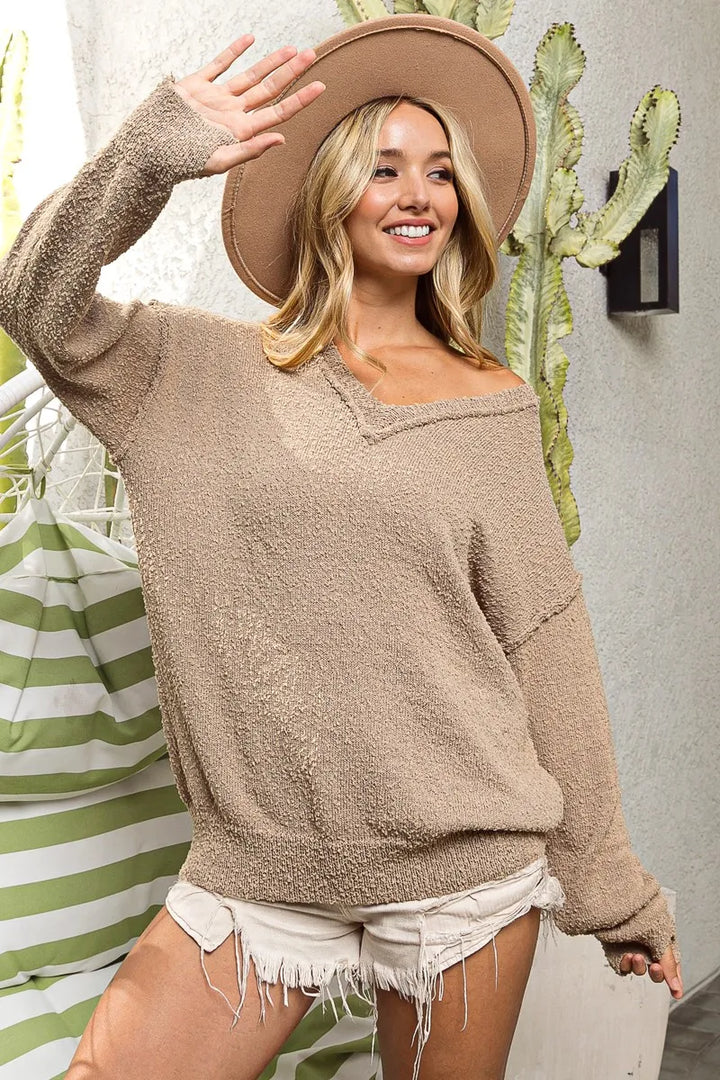 Bibi Raw Edged Popcorn Texture V Neck Sweater