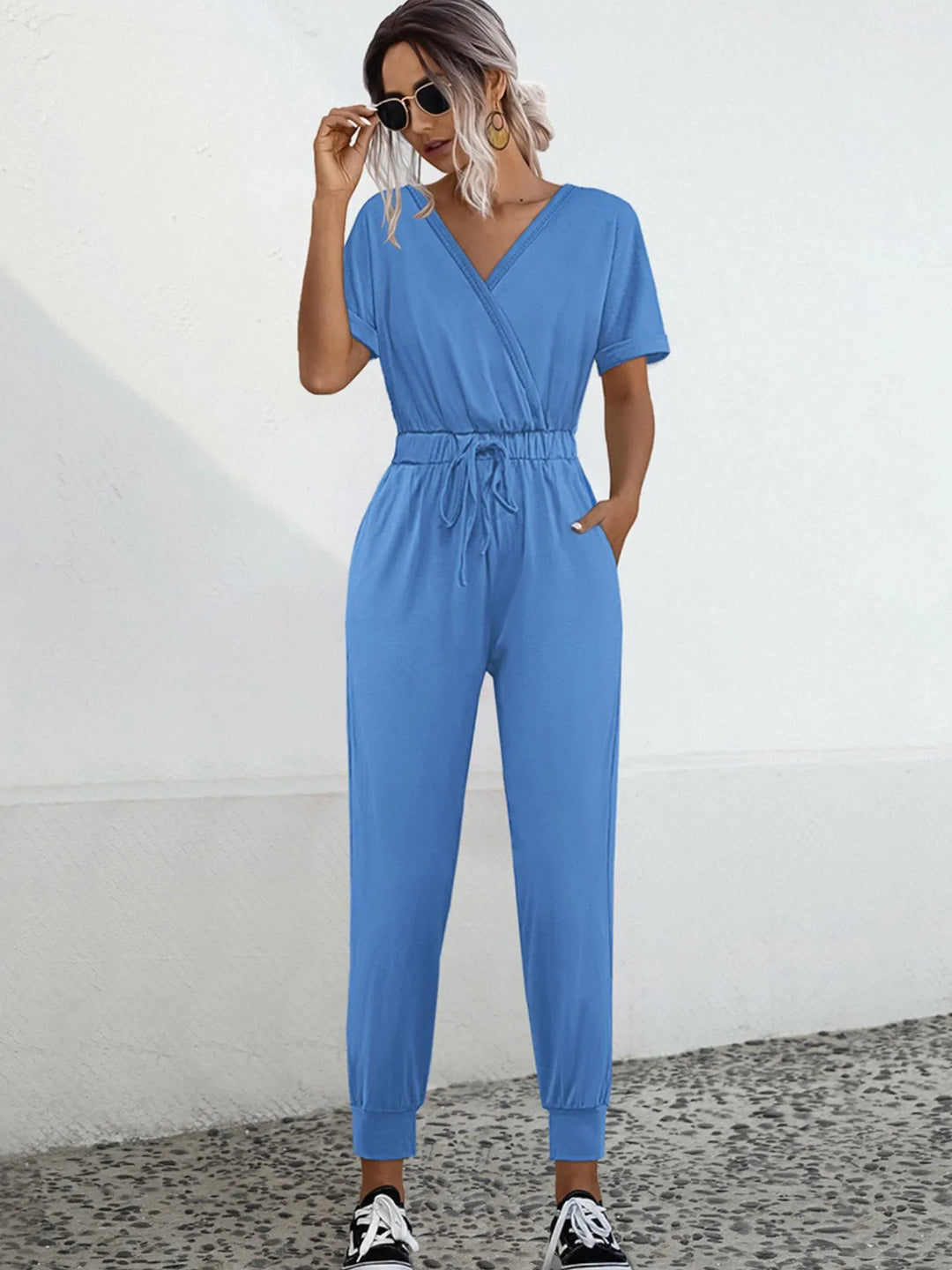 Sky Blue Drawstring Waist Short Sleeve Jumpsuit