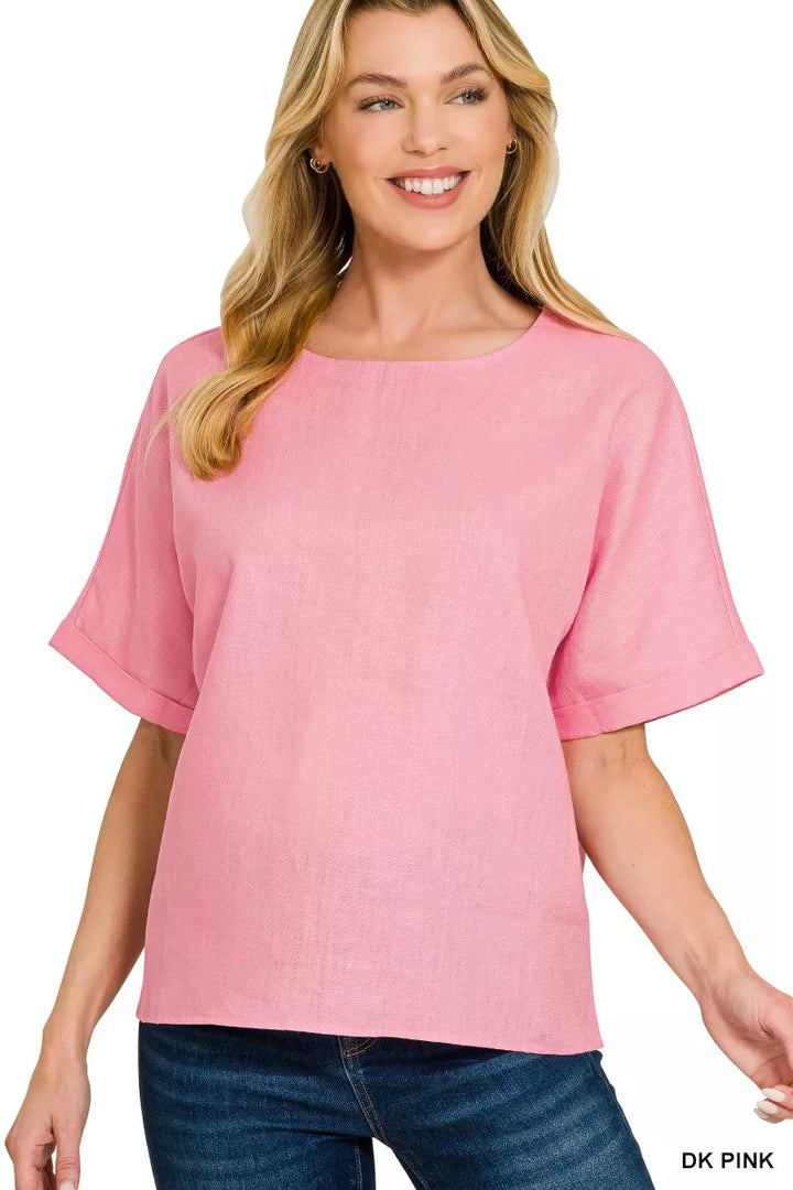 Dk Pink Zenana Linen Round Neck Cuffed Sleeve Top 2