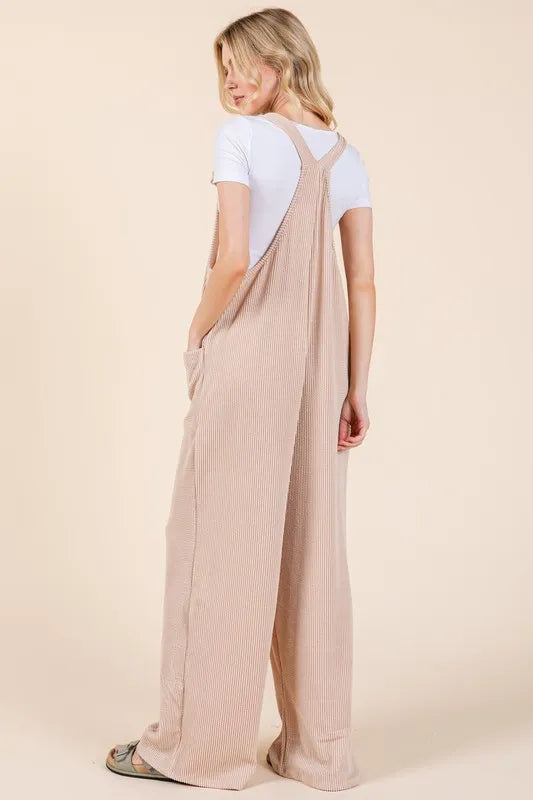 Dust Storm Bombom Knot Straps Wide Leg Ribbed Overalls With Pockets