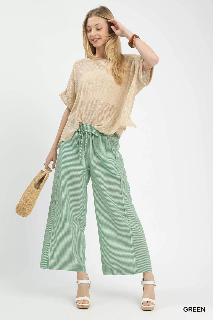 Green Umgee Linen Blend Striped Wide Leg Pants 1