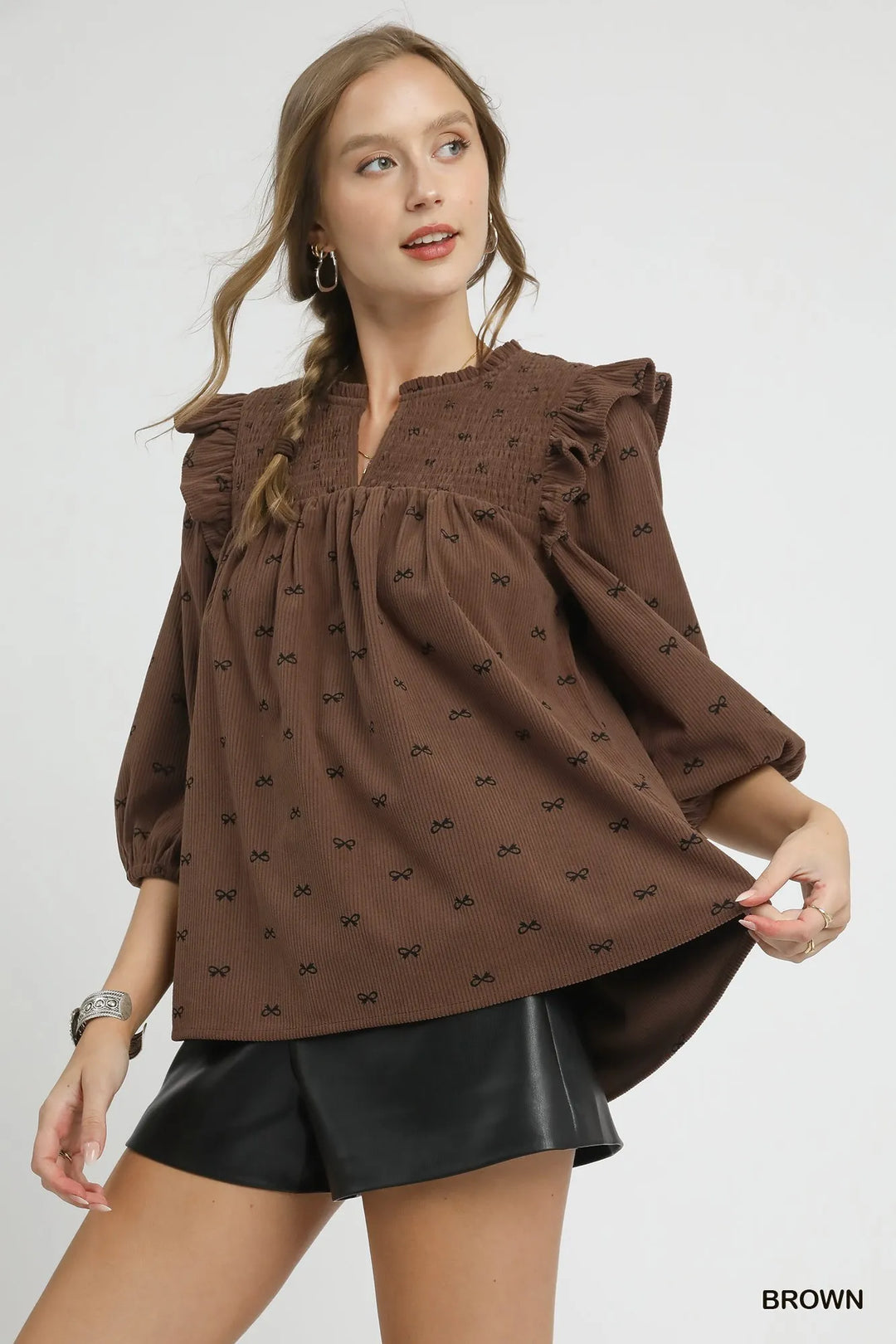 Brown Umgee Bow Print Corduroy Puff Sleeve Blouse With Ruffled 1
