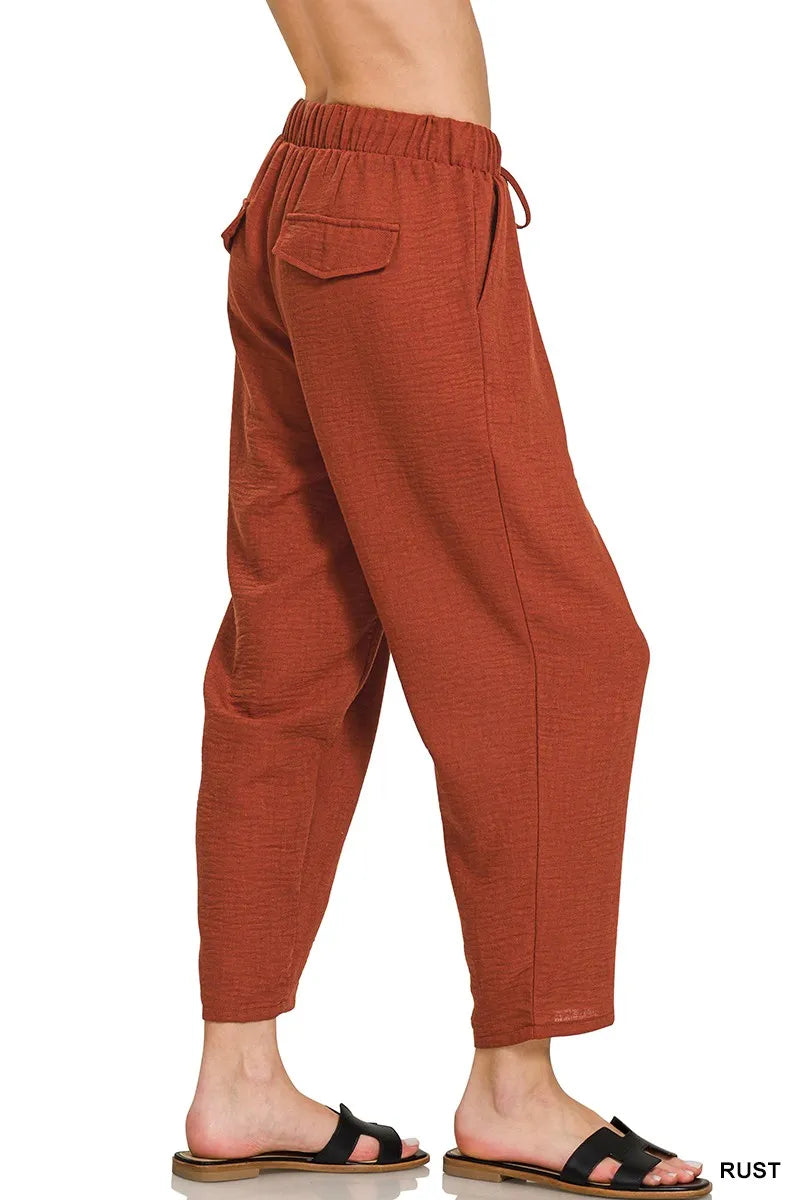 Rust Zenana Woven Crepe Elastic Band Waist Pants 1