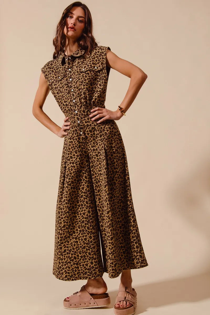 Leopard So Me Wide Leg Leopard Twill Overalls Jumpsuit With Tuck
