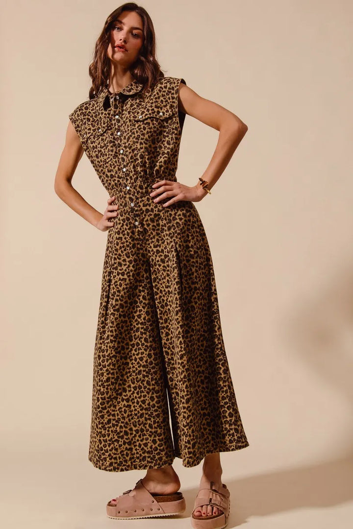 Leopard So Me Wide Leg Leopard Twill Overalls Jumpsuit With Tuck