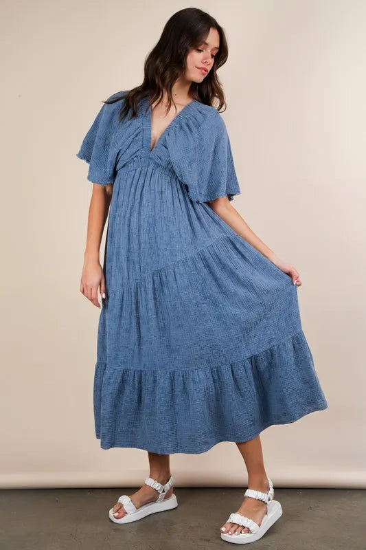 Denim Very J Mineral Washed Elastic Neck Detail Midi Dress 1