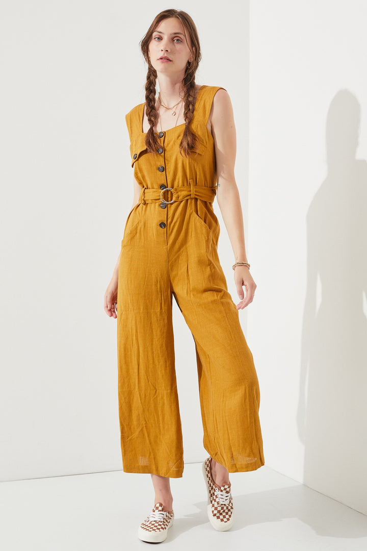 Black Sleeveless Square Neck Button Down Ankle Jumpsuit