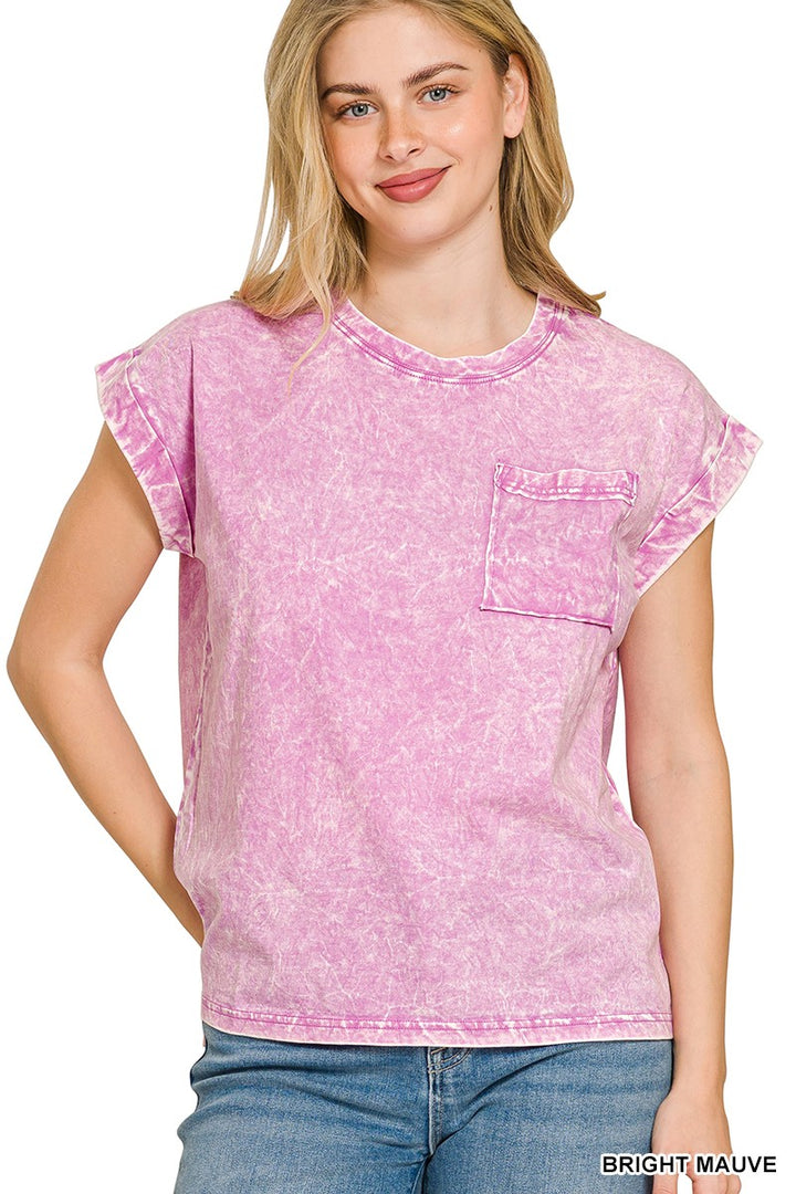 Bright Mauve Zenana Full Size Crinkle Washed Round Neck Folded Short Sleeve Tee Plus Size 5
