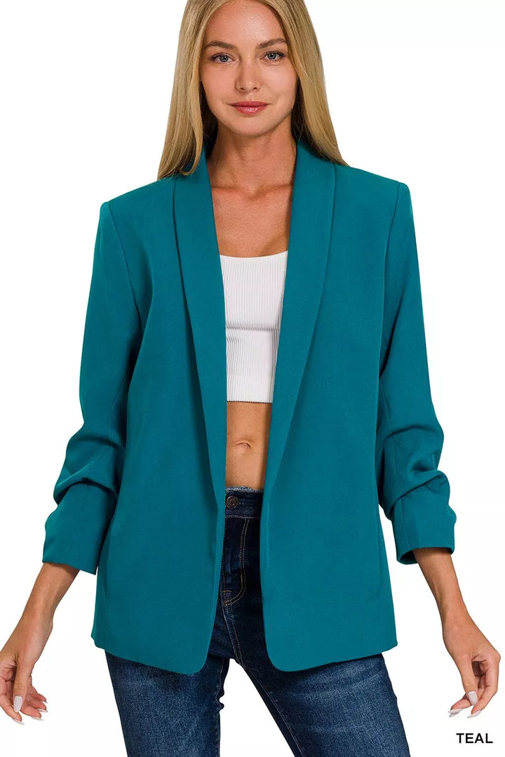 Teal Zenana Woven 3 4 Ruched Sleeve Open Front Classic Blazer 1