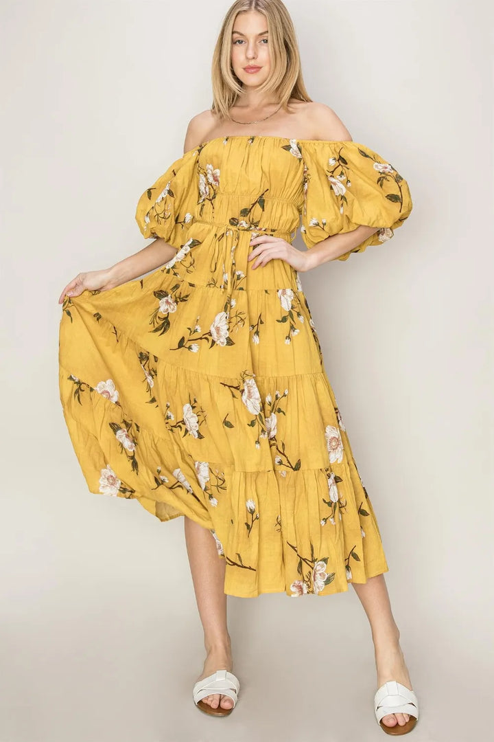 Mustard Hyfve Floral Puff Sleeve Tiered Dress
