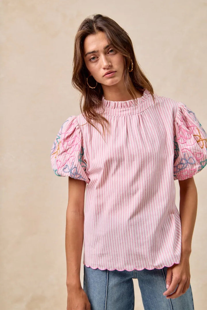Bibi Embroidery Bubble Sleeve Top With Bottom Scallop Detail