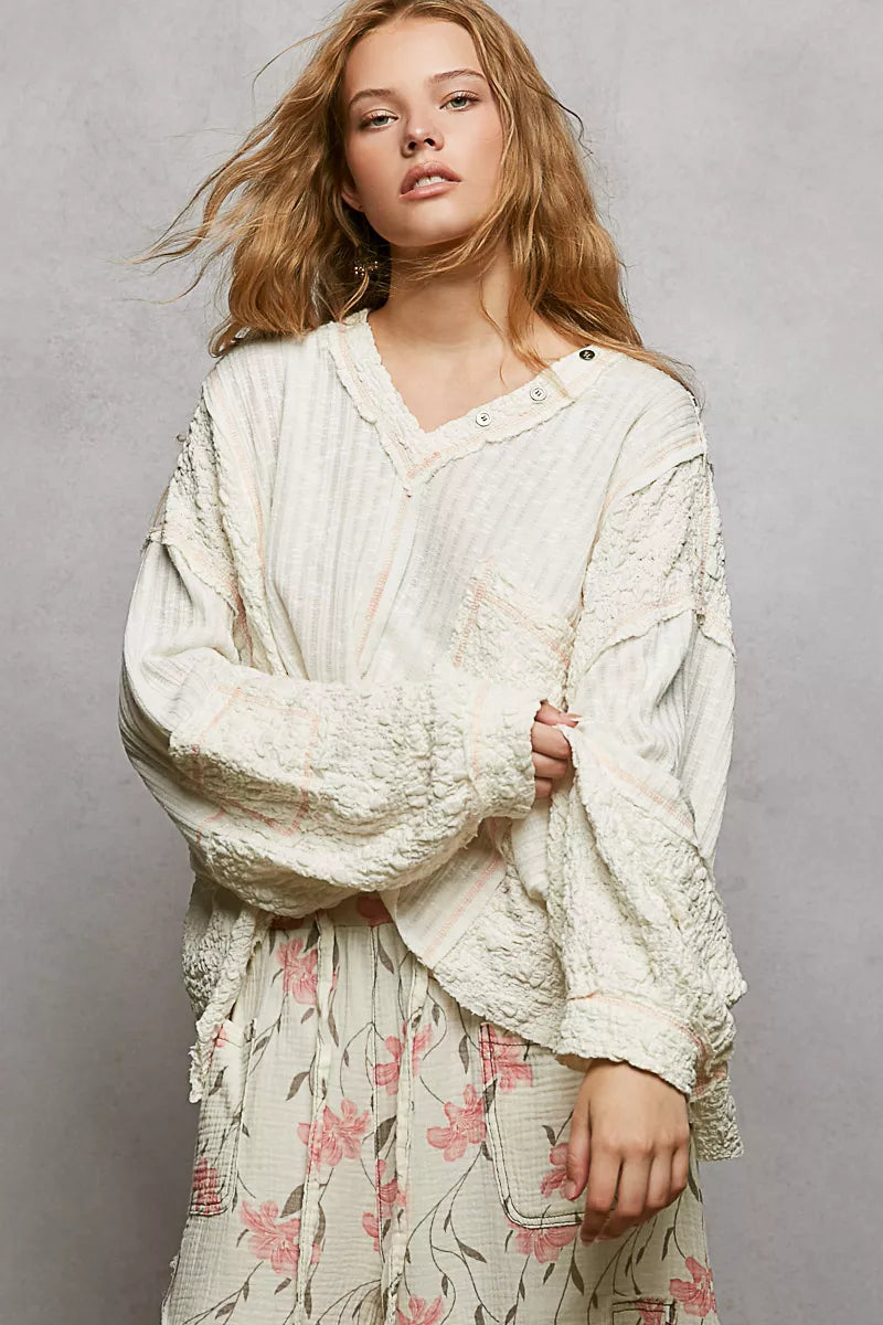 Off White Pol V Neck Long Sleeve Top With Stitch Detail