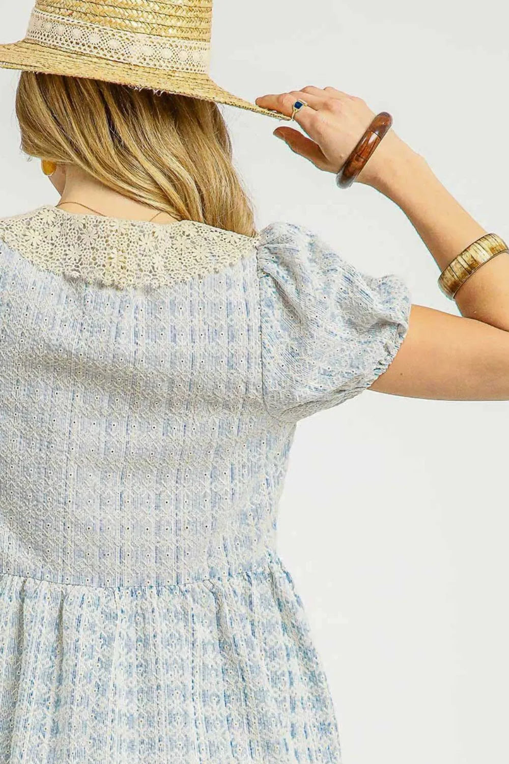 Sky Blue Umgee Lace Detail Short Puff Sleeve Mini Dress