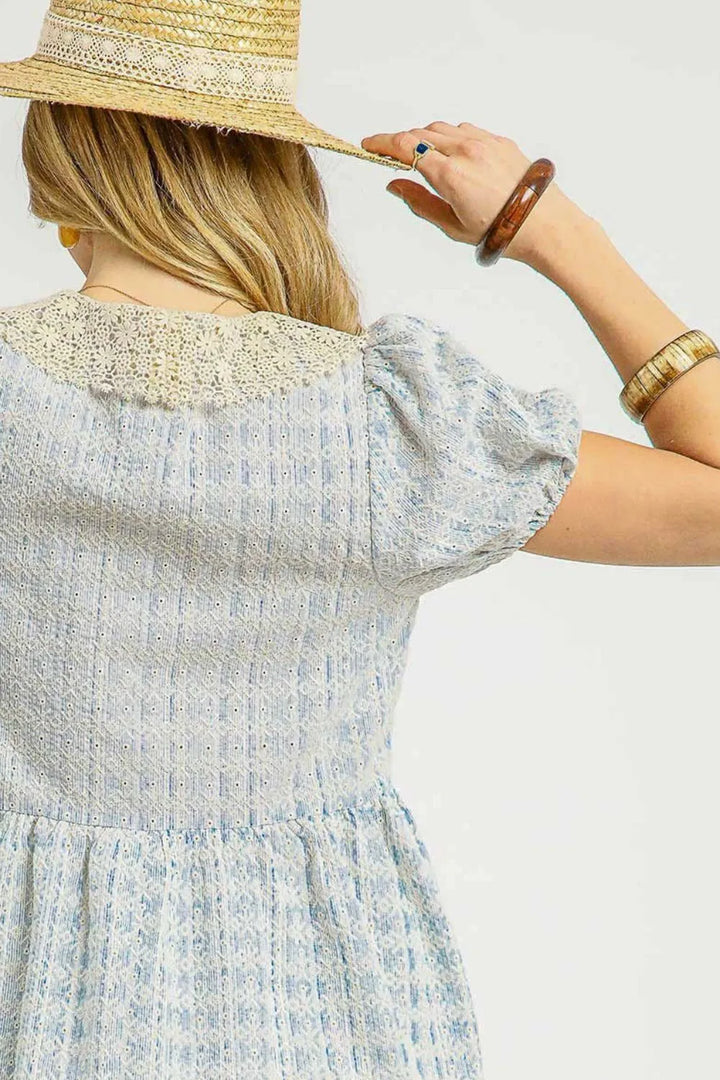 Sky Blue Umgee Lace Detail Short Puff Sleeve Mini Dress