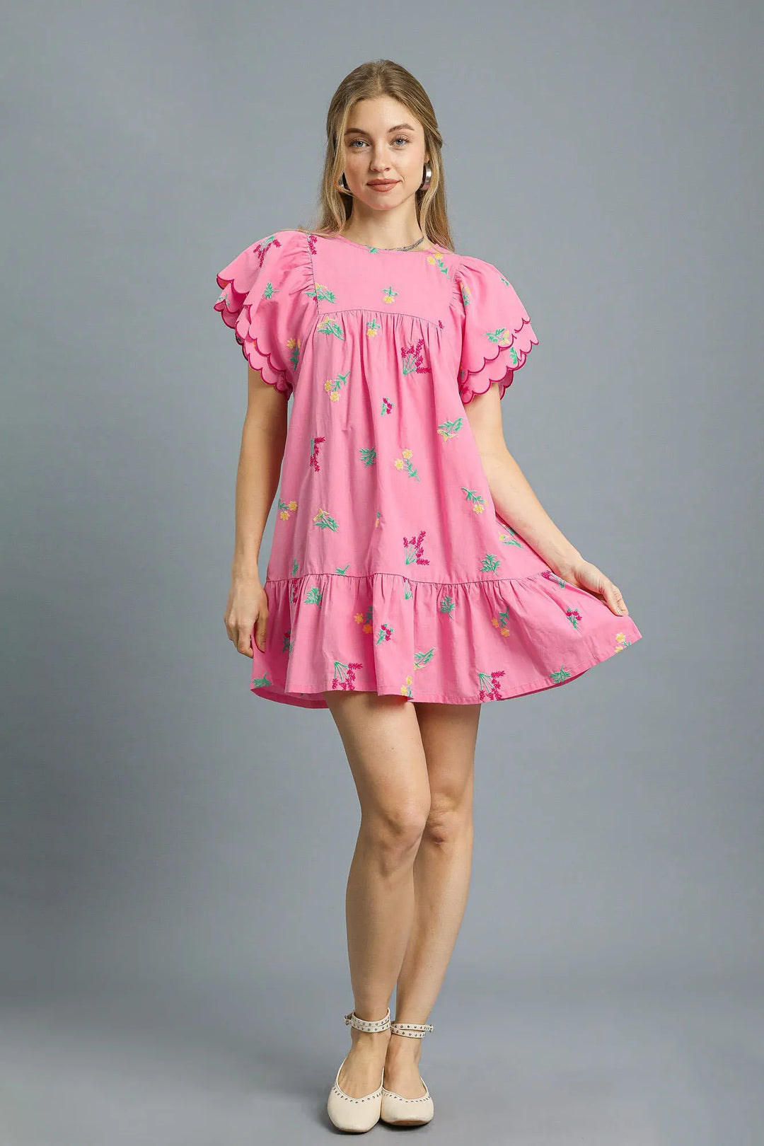 Pink Umgee Floral Embroidered Short Sleeve Mini Dress