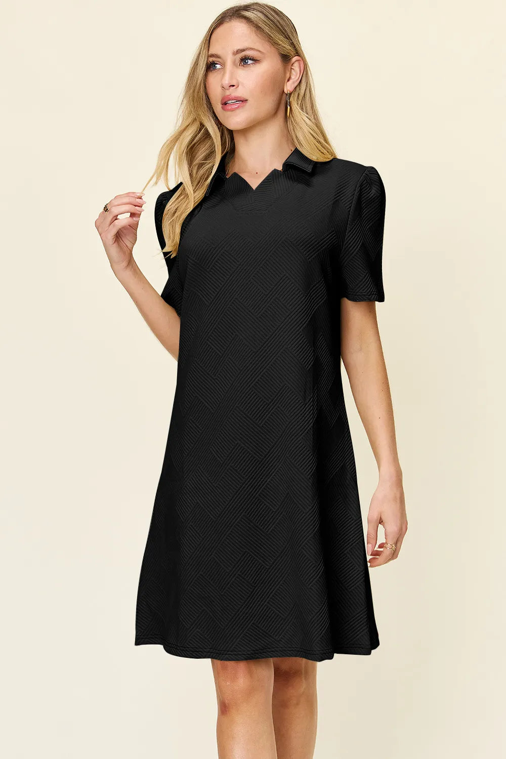 Cream Double Take Full Size Texture Collared Neck Short Sleeve Dress