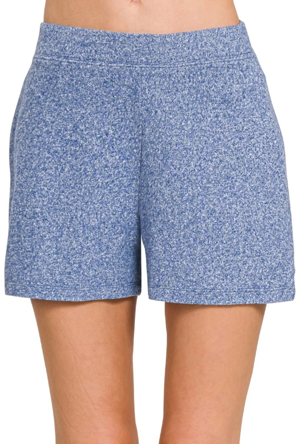 Lt Navy Zenana Soft Melange Hacci Elastic Waisted Shorts