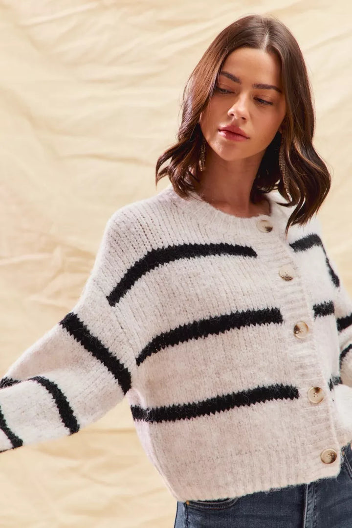 So Me Stripe Soft Touch Button Cozy Sweater Cardigan