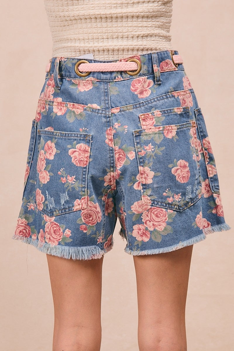 Denim Bibi Braided Waist Belt Patch Pockets Floral Print Denim Shorts