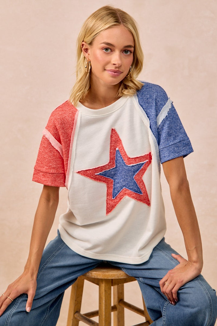 Bibi Contrast French Terry Cut Edge Detail Fourth Of July Theme T Shirt