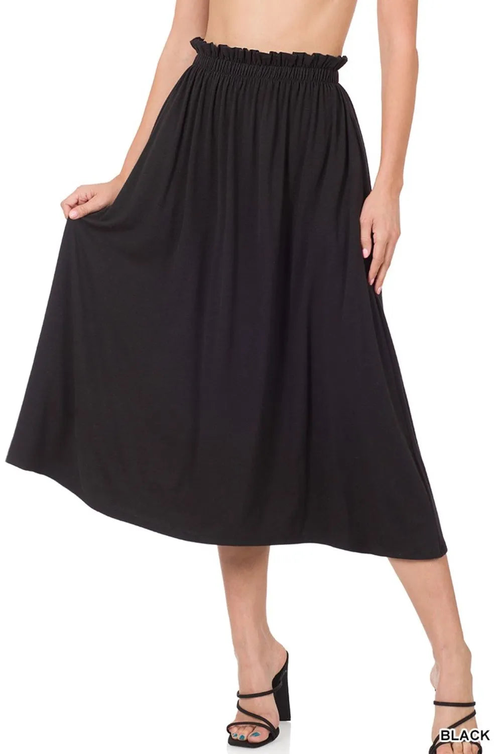 Black Zenana Paperbag Waist Midi Skirt With Pockets
