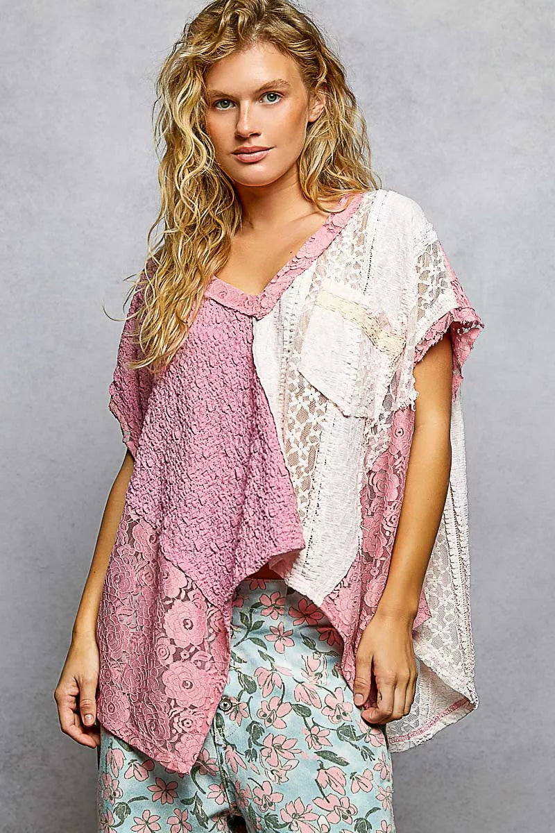 Fuchsia Pol Asymmetrical V Neck Short Sleeve Lace Top 2