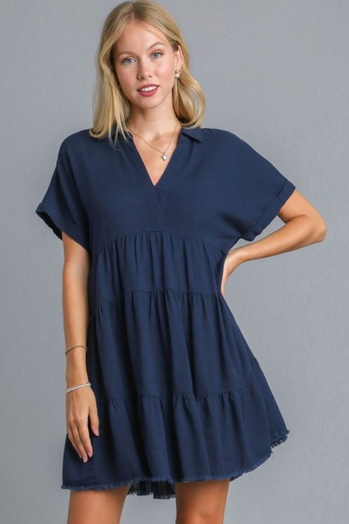 Dark Navy Umgee Full Size Raw Hem Folded Sleeve Tiered Dress Plus Size