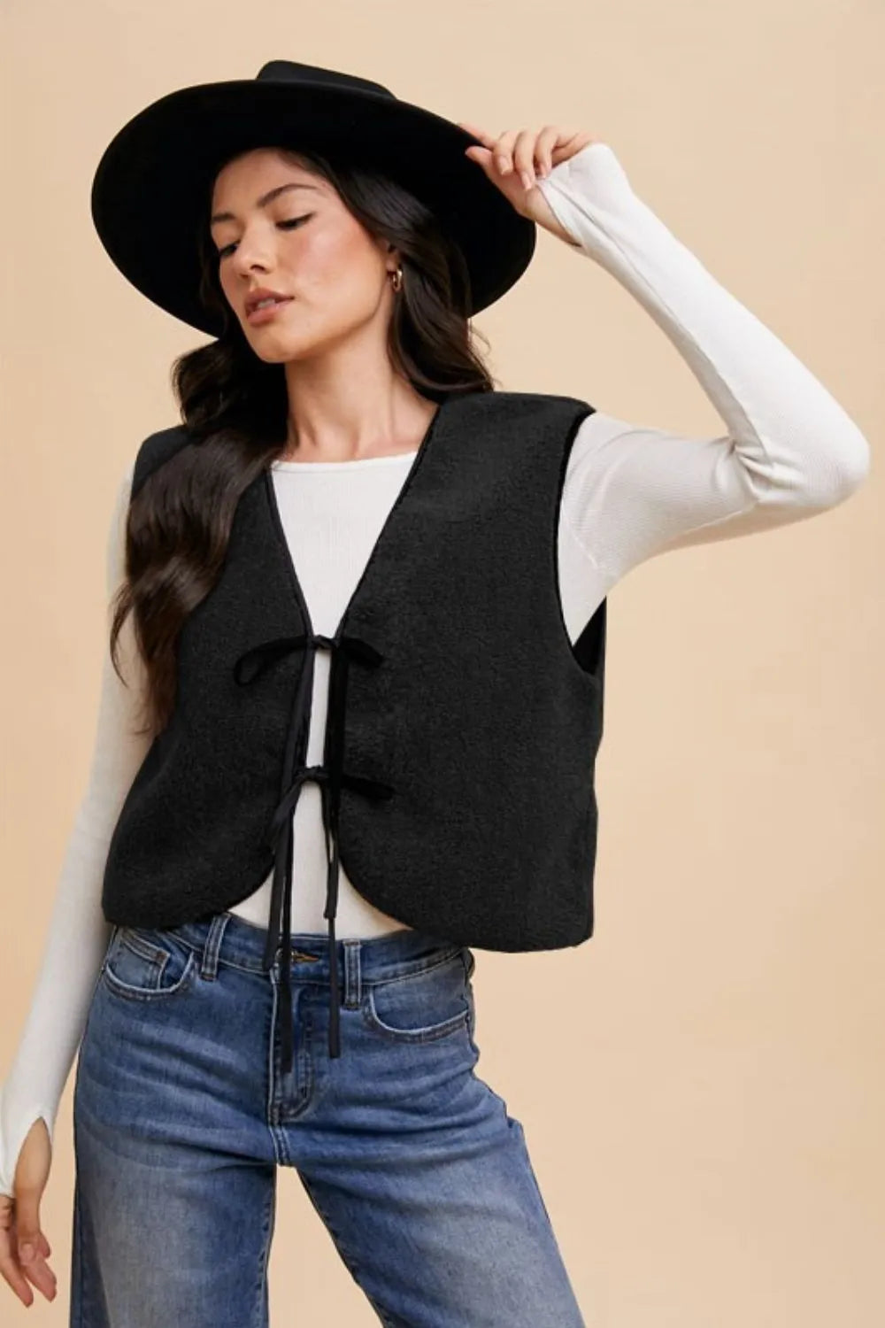 Black Annie Wear V Neck Tie Detail Vest Coat