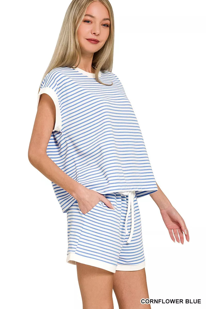 Cornflower Blue Zenana Stripe Contrast Trim Top Shorts Set 2