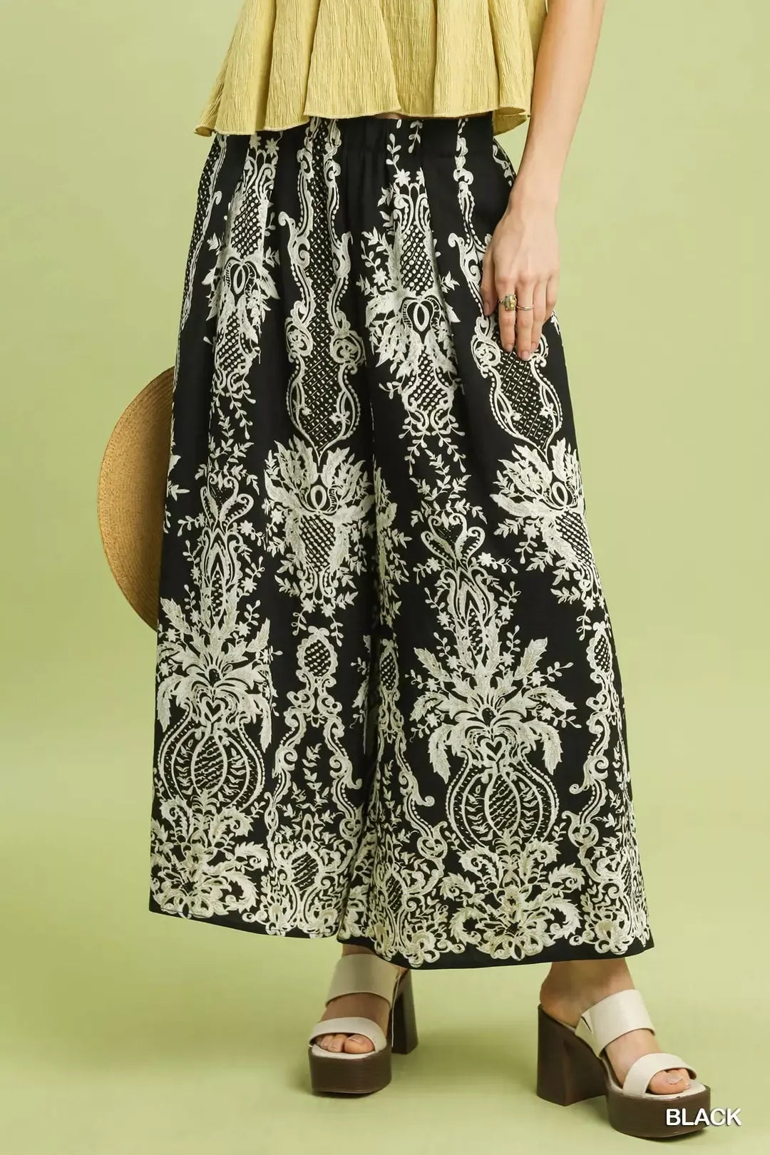 Black Umgee Border Print Wide Leg Pants 1