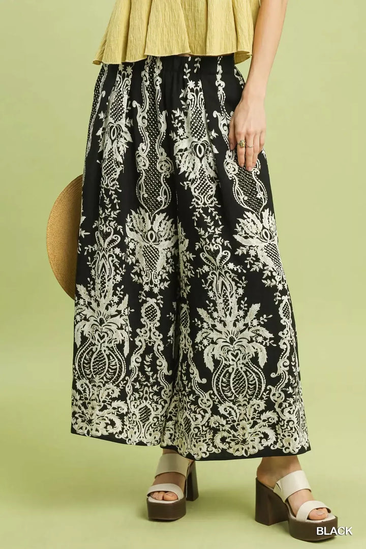 Black Umgee Border Print Wide Leg Pants 1