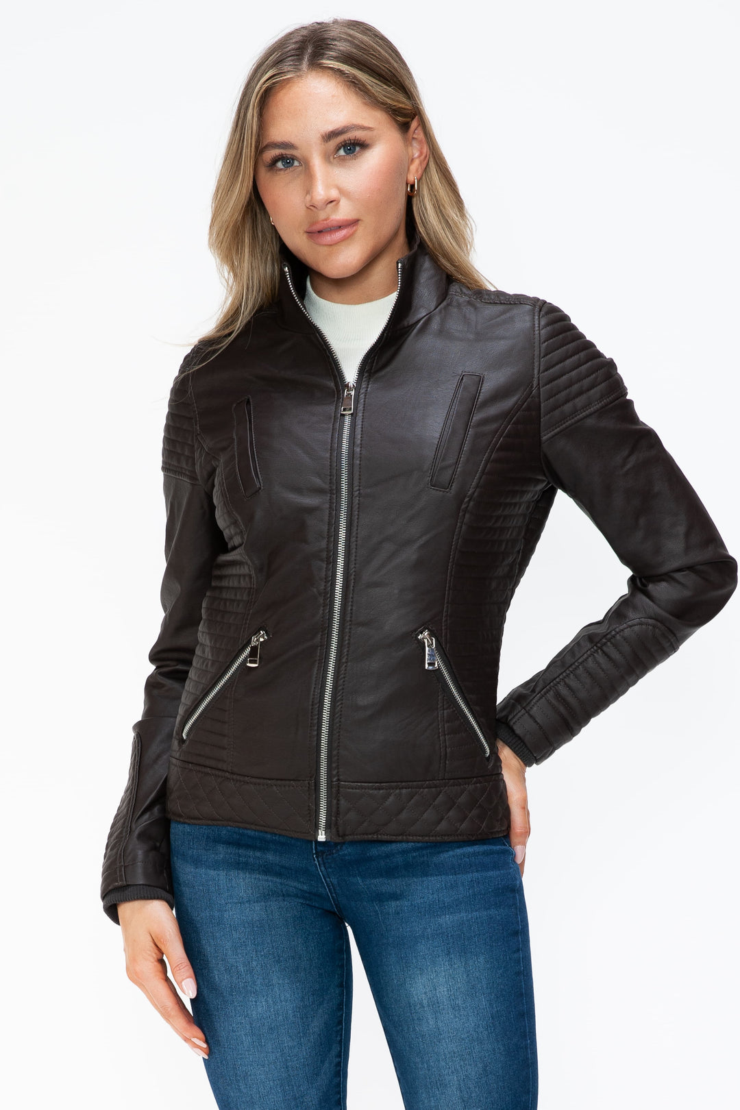 Ymi Faux Layered Double Zipper Jacket With Fuzzy Hood