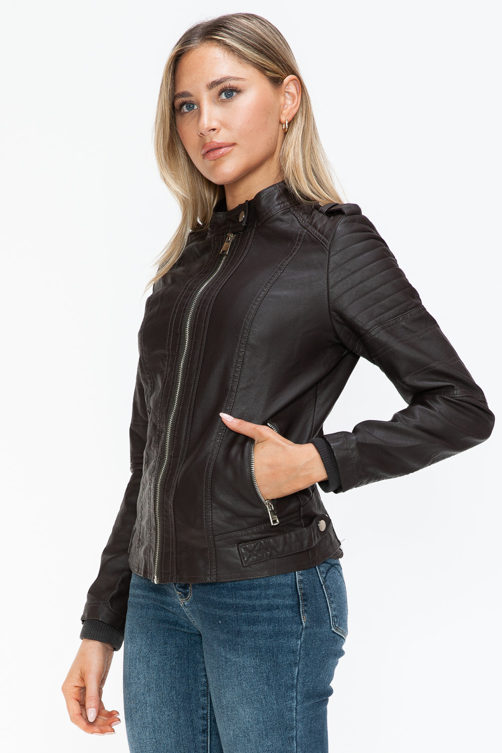 Snobbish Pu Leather Biker Jacket With Side Zip Pockets 2