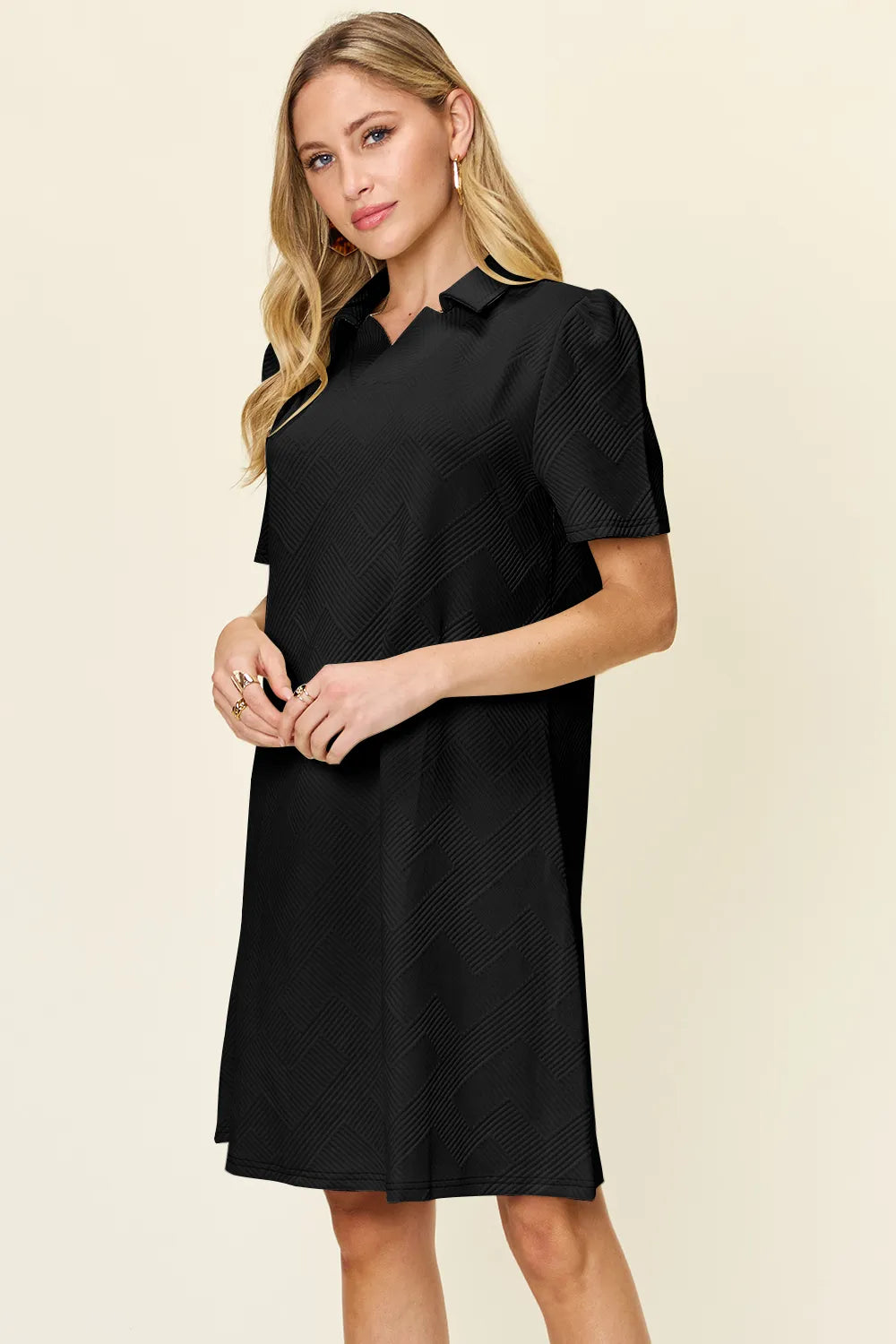Cream Double Take Full Size Texture Collared Neck Short Sleeve Dress