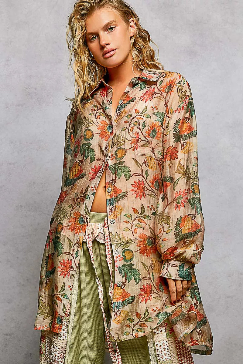 Taupe Multi Pol Metal Button Down Floral Long Sleeve Shirt
