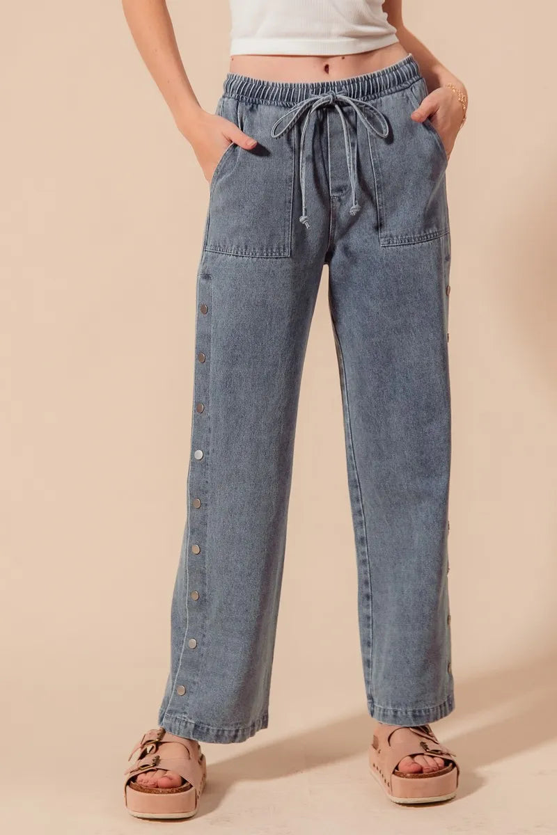 Denim So Me Mid Rise Drawstring Jeans With Side Snap Button